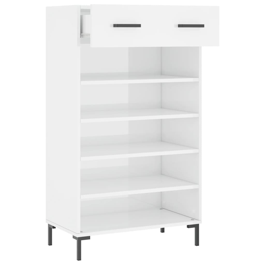 Sapateira Briana - Com 1 Gaveta e 5 Compartimentos - Cor Branco Brilhante - 60x35x105 cm Derivados de Madeira e Puxadores/Pés em Ferro