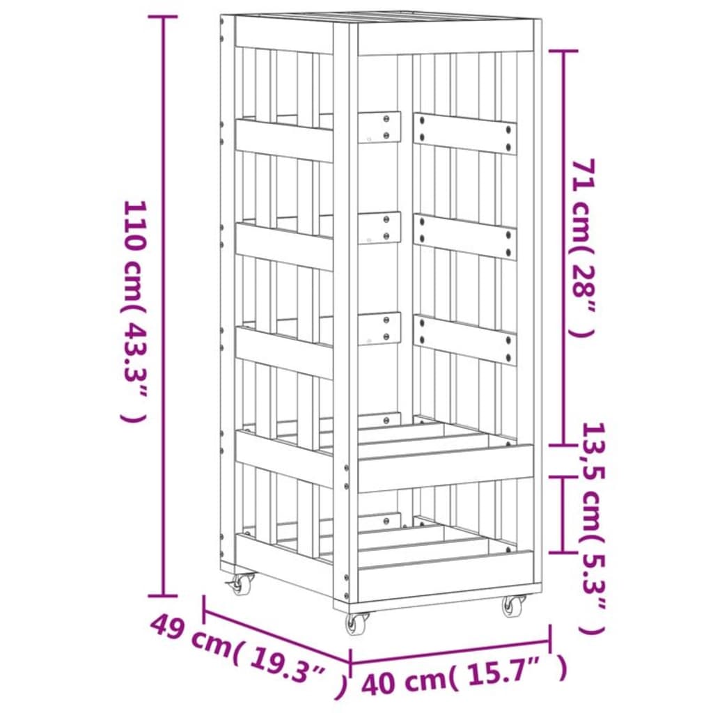 Suporte de lenha c/ rodas 40x49x110 cm pinho maciço