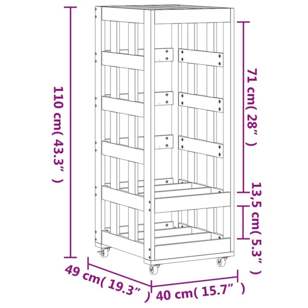 Suporte de lenha c/ rodas 40x49x110 cm pinho maciço branco