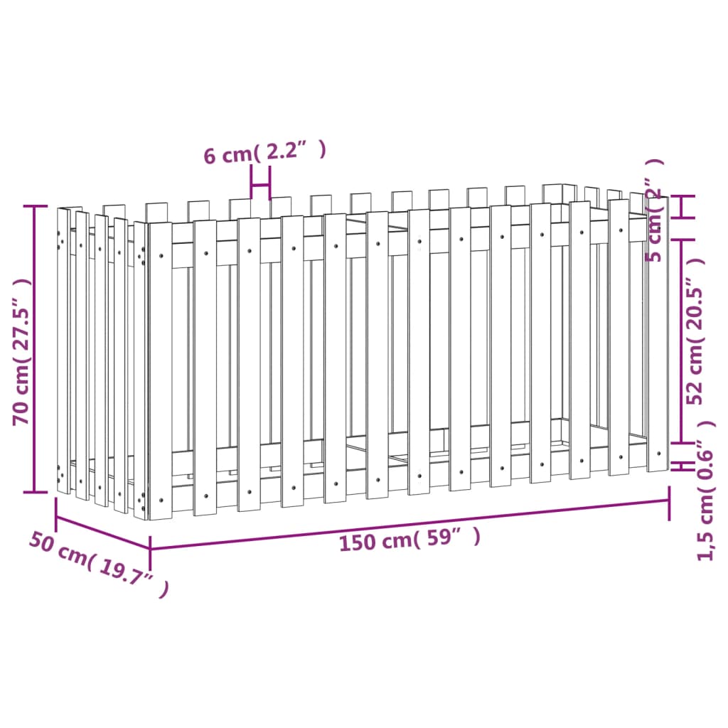 Canteiro elevado c/ design de cerca 150x50x70cm madeira douglas