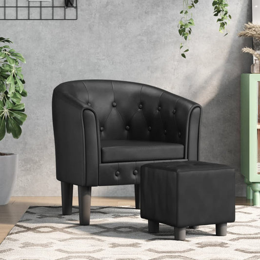 Poltrona Iris Com Apóio de Pés - Em Couro Artificial - Cor Preto - 70x56x68 cm - Assento, Encosto e Apóios de Braços Densamente Acolchoados - Design Moderno