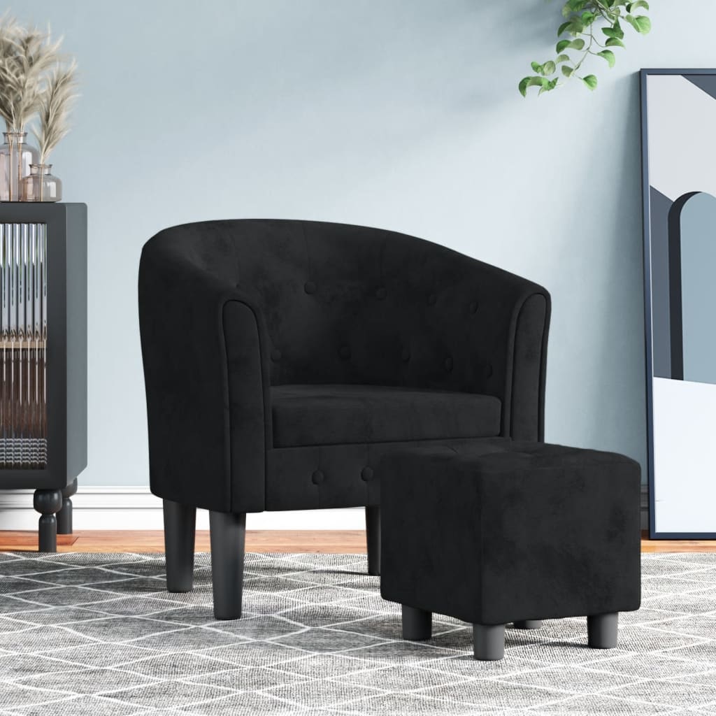 Poltrona Iris Com Apóio de Pés - Em Veludo - Cor Preto - 70x56x68 cm - Assento, Encosto e Apóios de Braços Densamente Acolchoados - Design Moderno