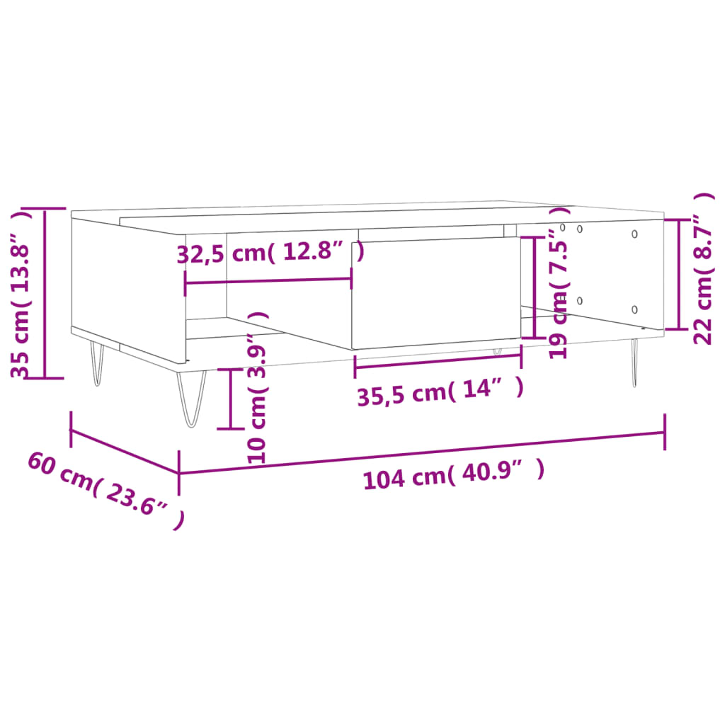 Mesa de centro 104x60x35 cm derivados madeira branco brilhante