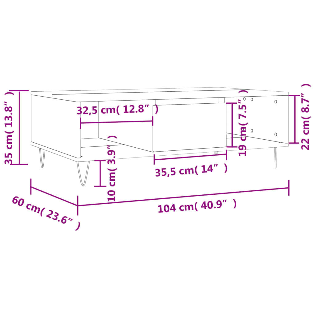 Mesa de centro 104x60x35 cm derivados madeira cinzento sonoma