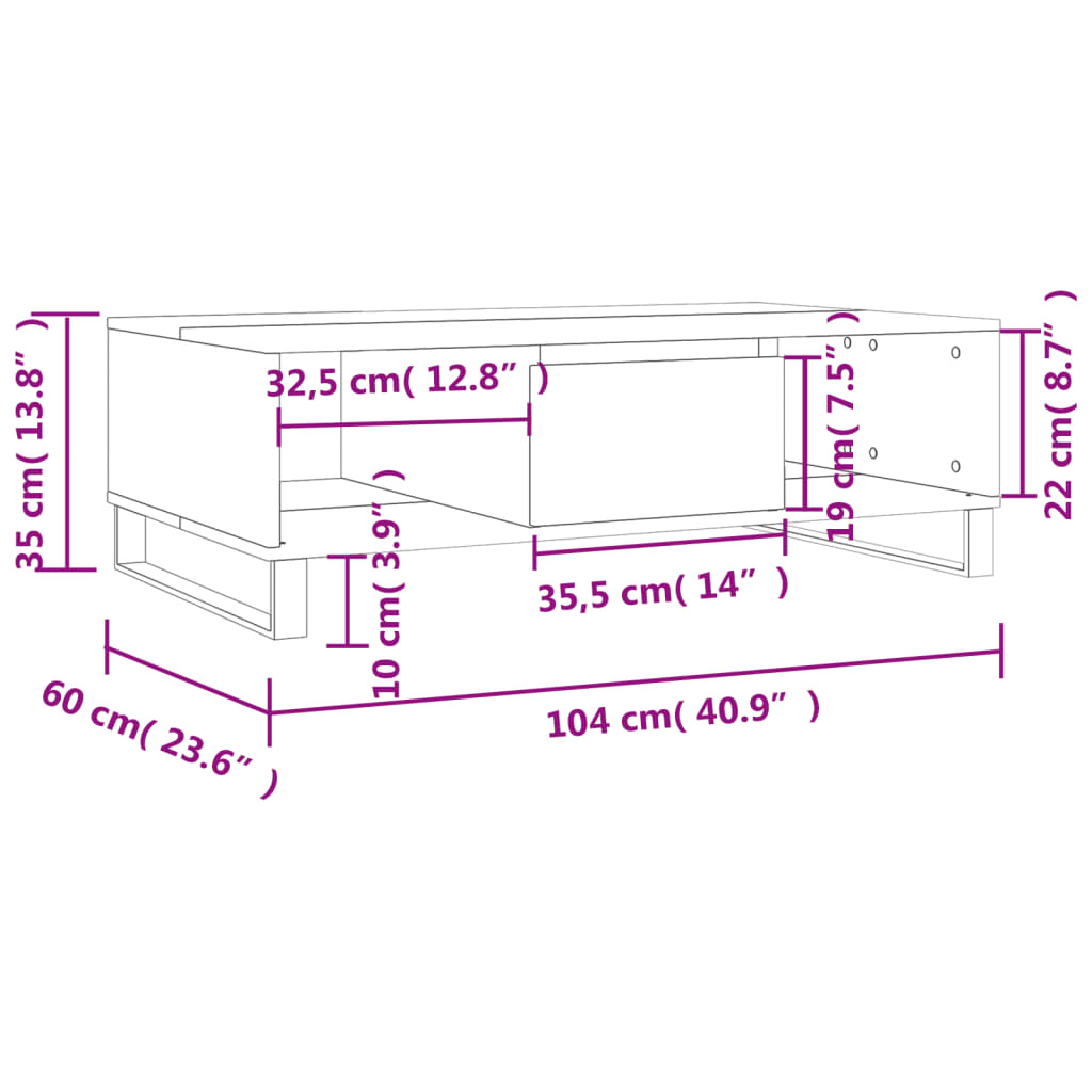 Mesa de centro 104x60x35 cm derivados madeira cinzento sonoma