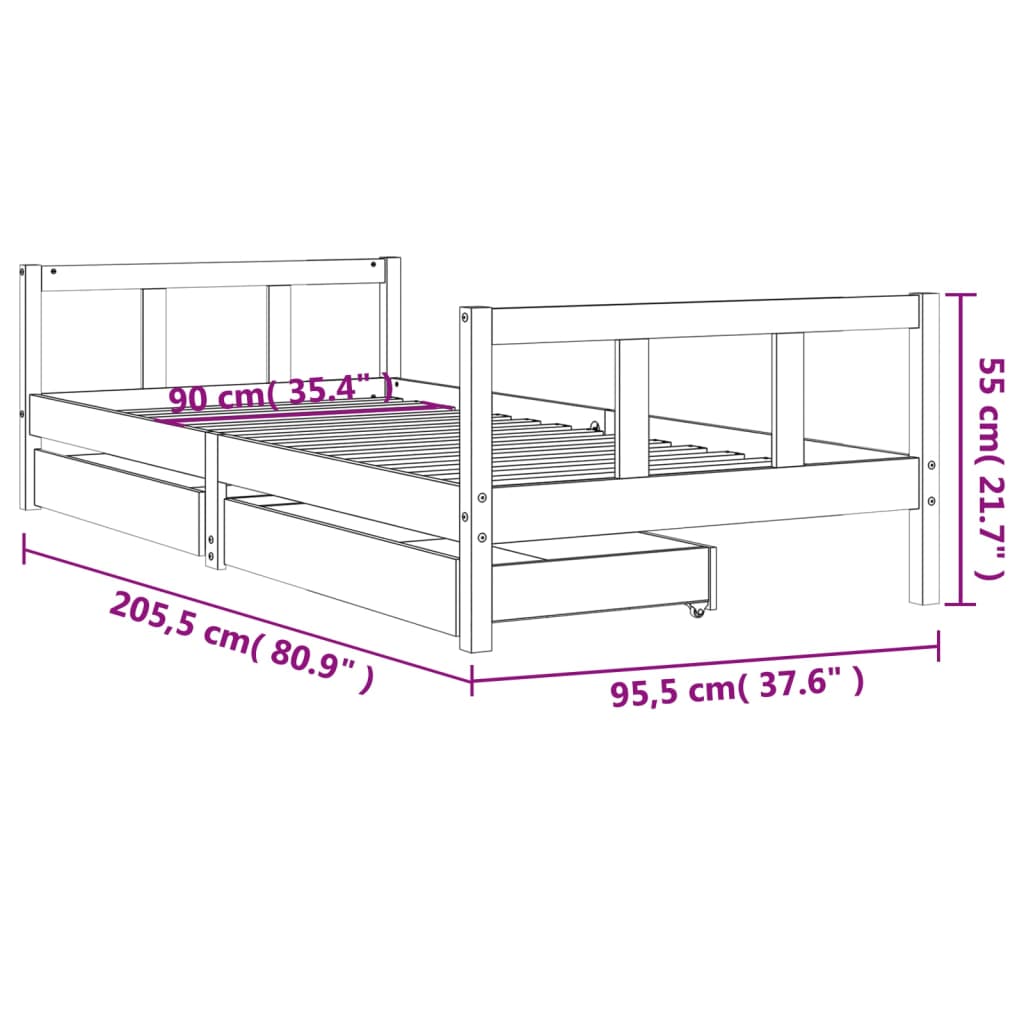 Estrutura cama infantil c/ gavetas 90x200cm pinho maciço branco