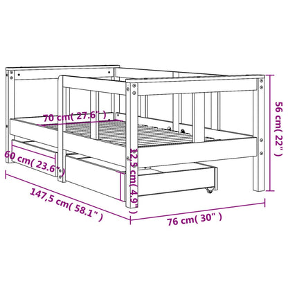 Estrutura cama infantil c/ gavetas 70x140cm pinho maciço branco