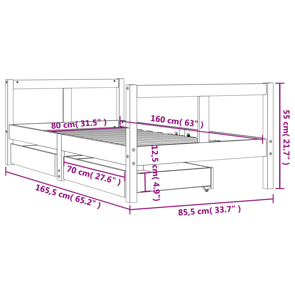 Estrutura cama infantil c/ gavetas 80x160cm pinho maciço branco