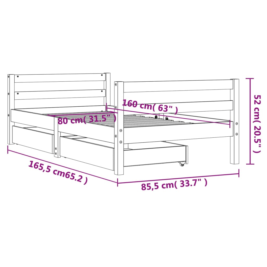 Estrutura cama infantil c/ gavetas 80x160cm pinho maciço branco