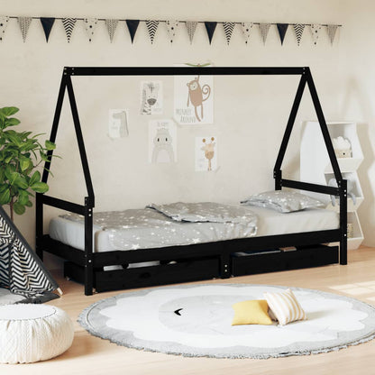 Estrutura cama infantil c/ gavetas 90x200 cm pinho maciço preto