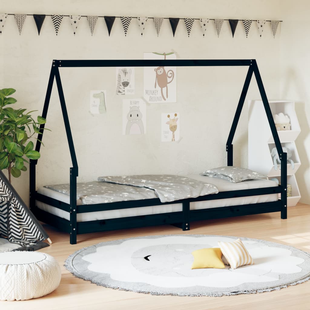 Estrutura de cama infantil 90x200 cm pinho maciço preto