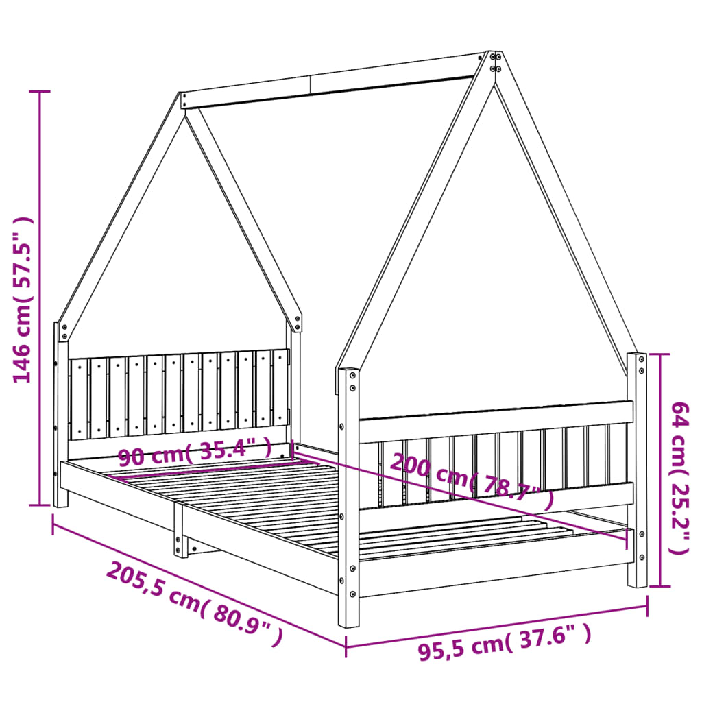 Estrutura de cama infantil 90x200 cm pinho maciço preto