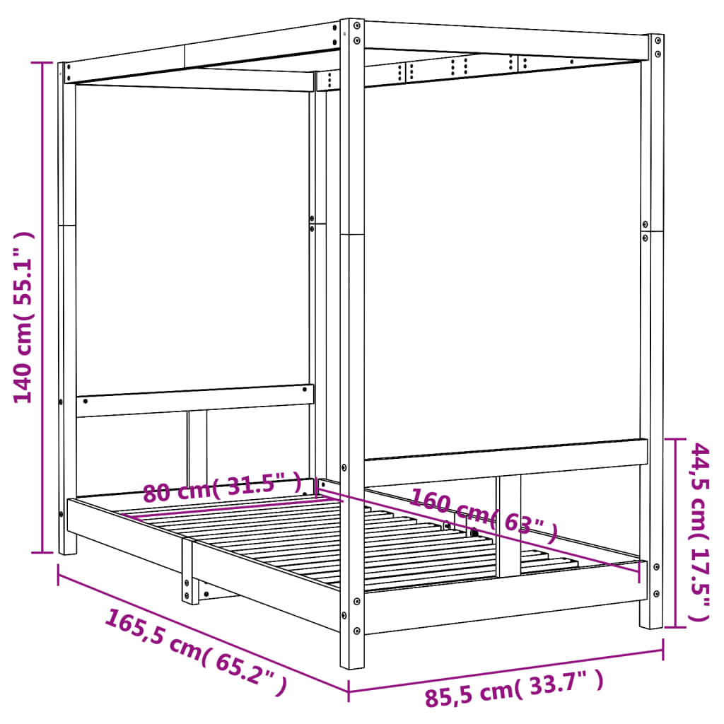 Estrutura de cama infantil 80x160 cm pinho maciço preto