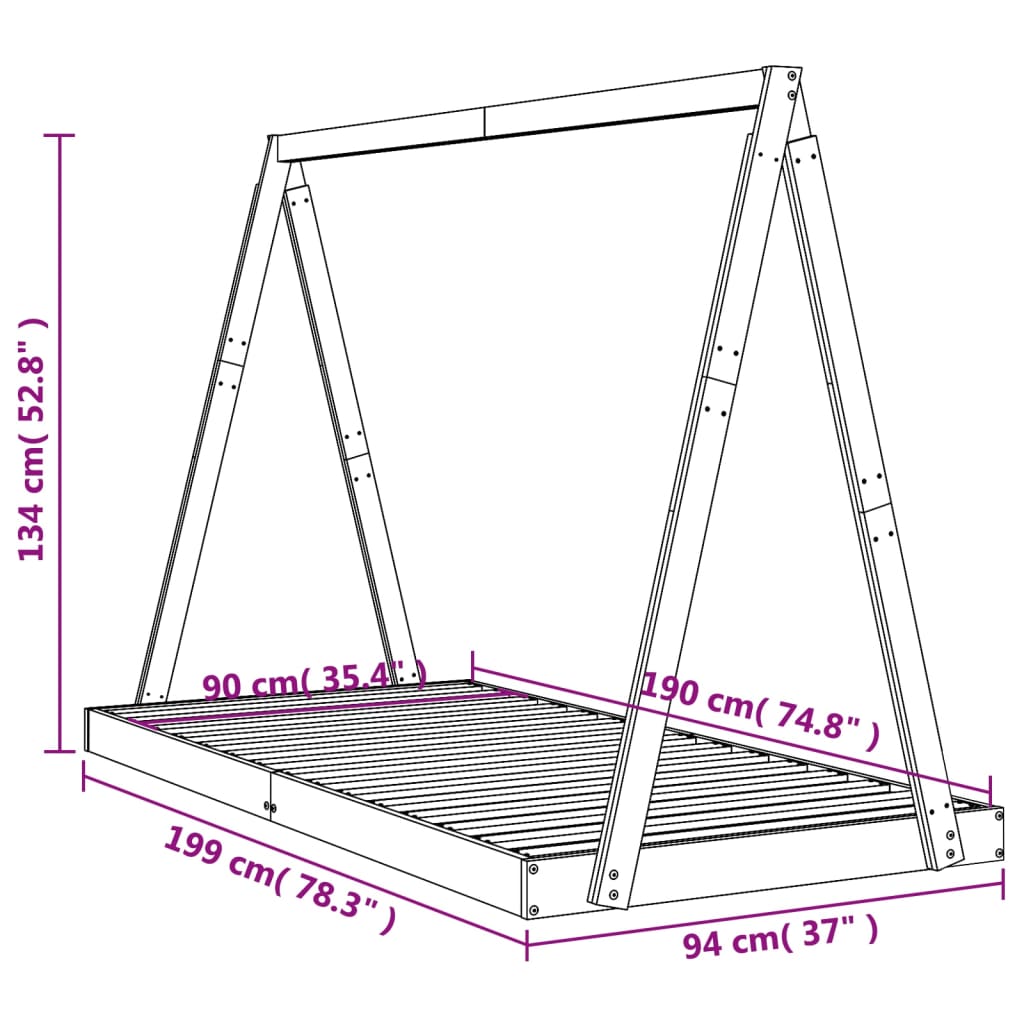 Estrutura de cama infantil 90x190 cm pinho maciço preto