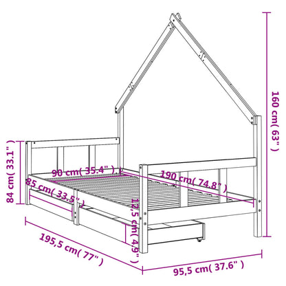 Estrutura cama infantil c/ gavetas 90x190cm pinho maciço branco