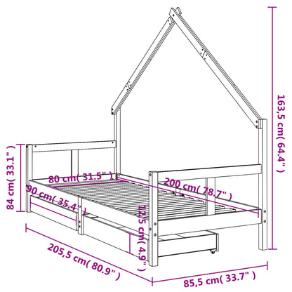 Estrutura de cama infantil c/ gavetas 80x200 cm pinho maciço