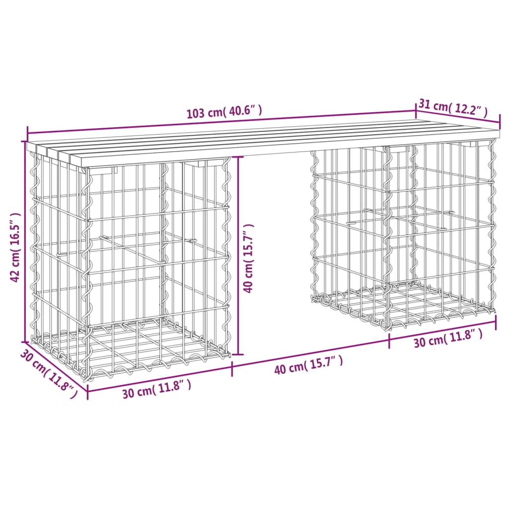 Banco de jardim c/ design gabião 103x31x42 cm pinho maciço