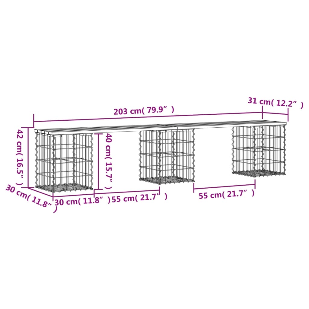 Banco de jardim c/ design gabião 203x31x42 cm pinho impregnado