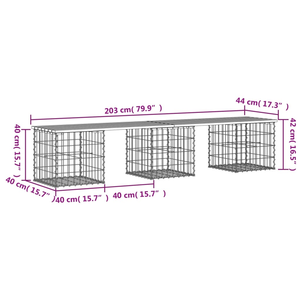 Banco jardim design gabião 203x44x42 cm madeira douglas maciça