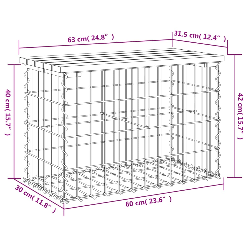 Banco jardim design gabião 63x31,5x42 cm madeira douglas maciça