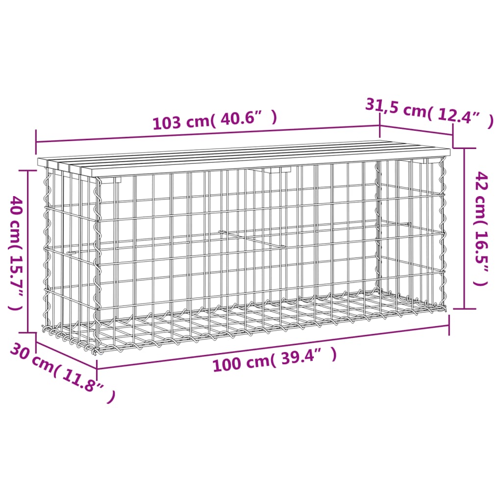 Banco de jardim c/ design gabião 103x31,5x42 cm pinho maciço