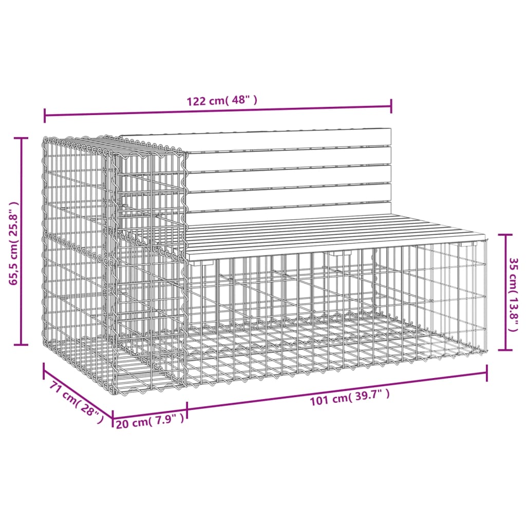 Banco de jardim c/ design gabião 122x71x65,5cm pinho impregnado