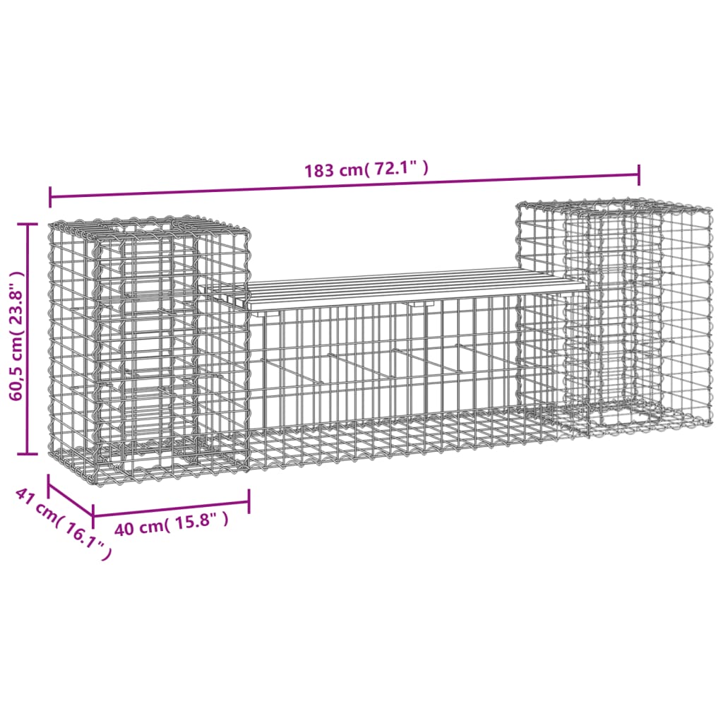 Banco de jardim c/ design gabião 183x41x60,5 cm pinho maciço