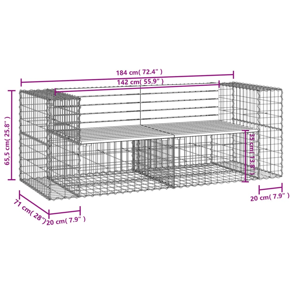 Banco de jardim c/ design gabião 184x71x65,5 cm pinho maciço