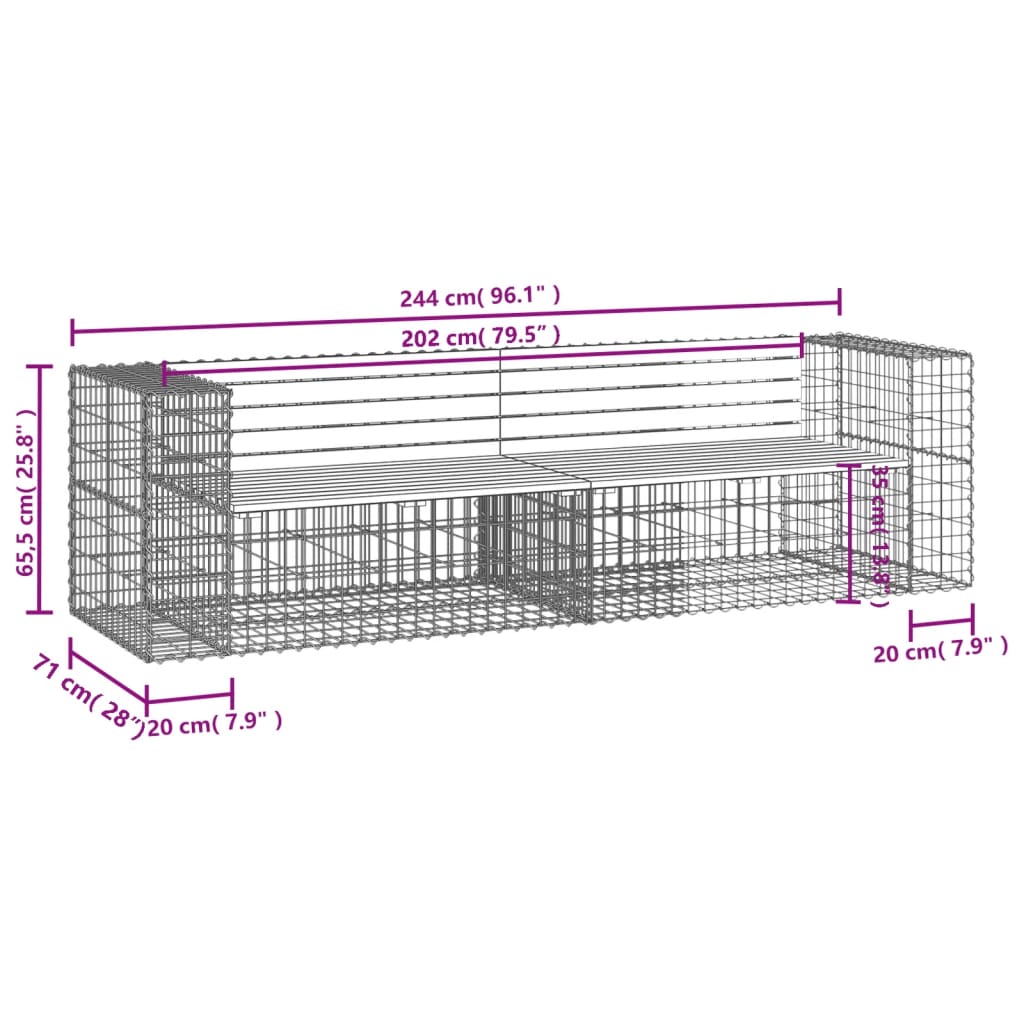 Banco de jardim c/ design gabião 244x71x65,5 cm pinho maciço