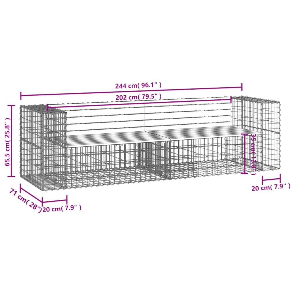 Banco jardim design gabião 244x71x65,5cm madeira douglas maciça