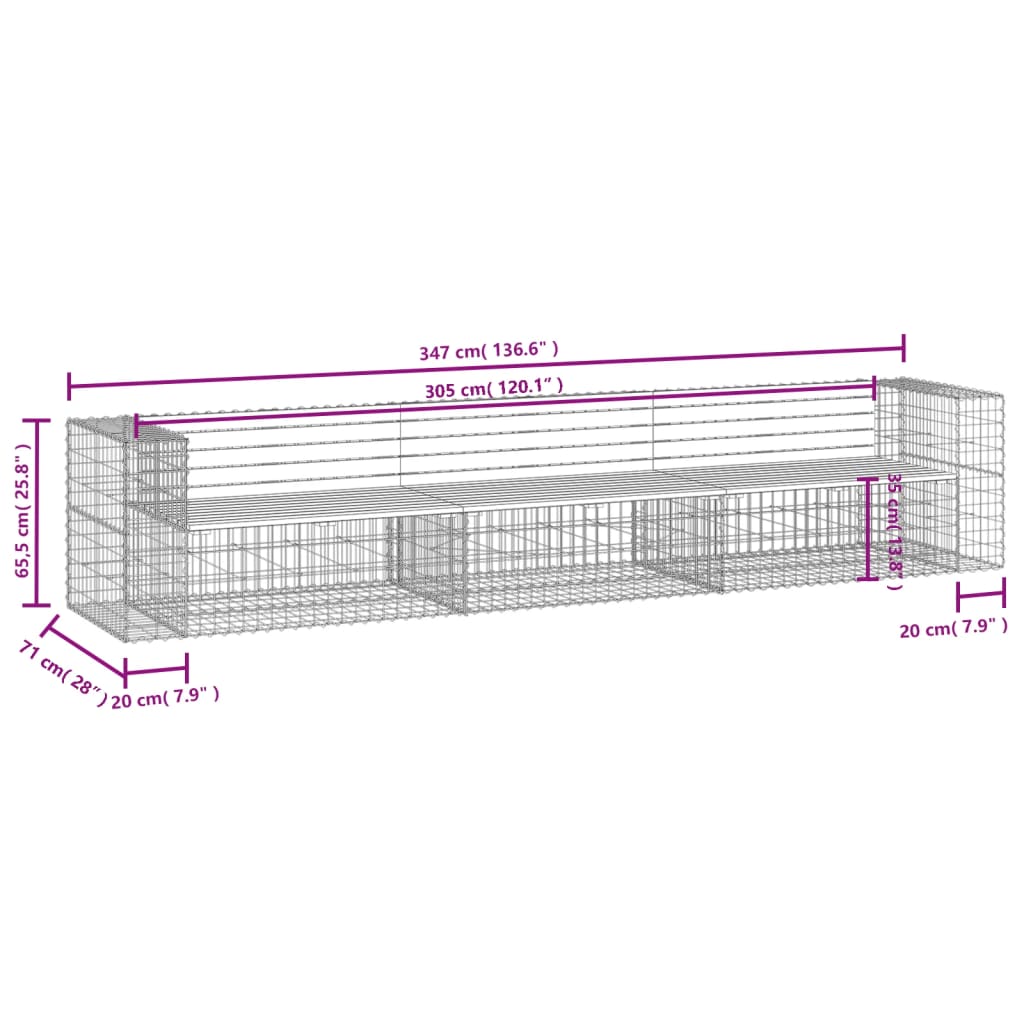 Banco jardim design gabião 347x71x65,5cm madeira douglas maciça