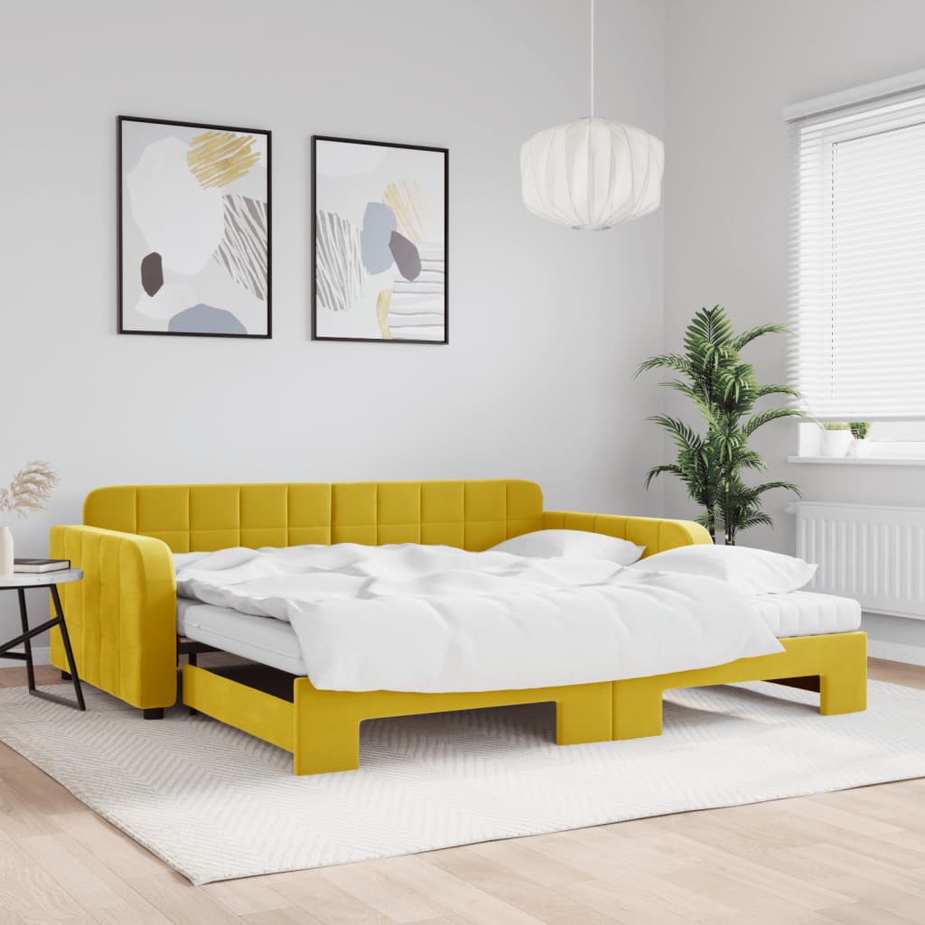 Sofá-cama com gavetão e colchões 100x200 cm veludo amarelo