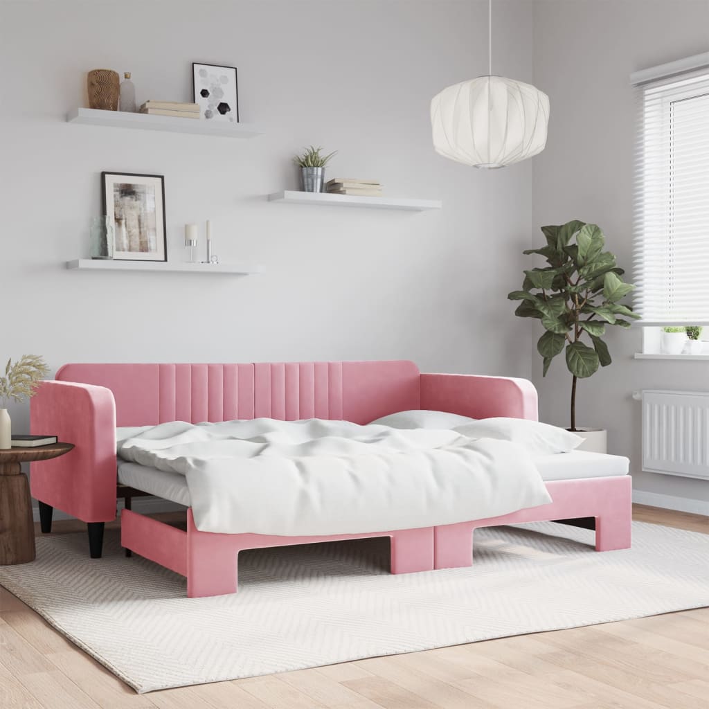 Sofá-cama com gavetão 90x200 cm veludo rosa