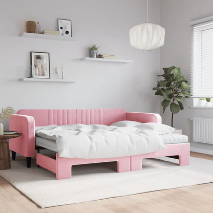 Sofá-cama com gavetão e colchões 90x200 cm veludo rosa