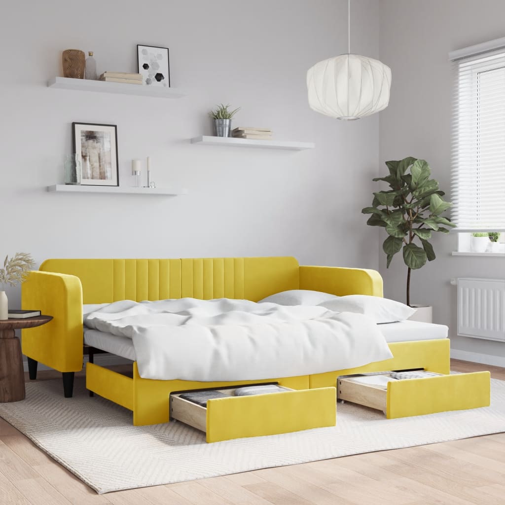 Sofá-cama com gavetão e gavetas 90x200 cm veludo amarelo