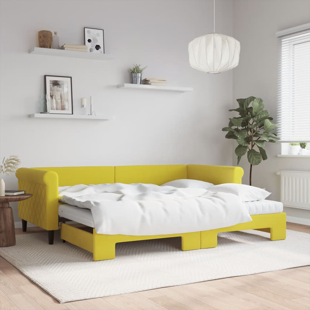 Sofá-cama com gavetão e colchões 90x200 cm veludo amarelo