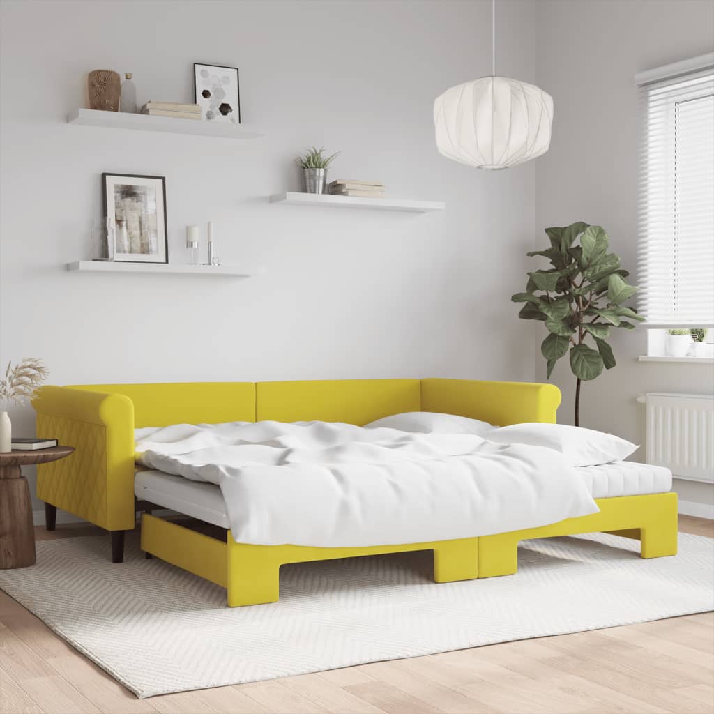 Sofá-cama com gavetão e colchões 100x200 cm veludo amarelo