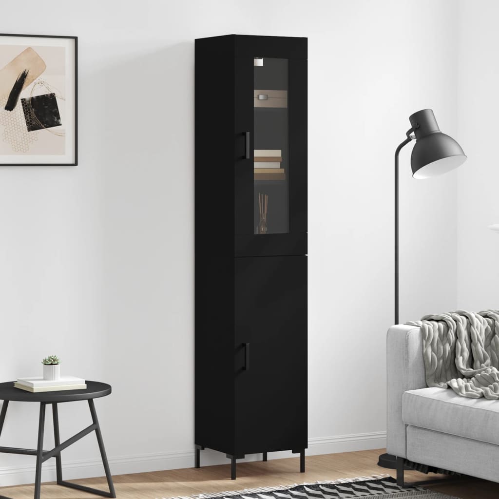 Armário Alto com Vitrine Brenna de 180 cm - Preto - Design Moderno