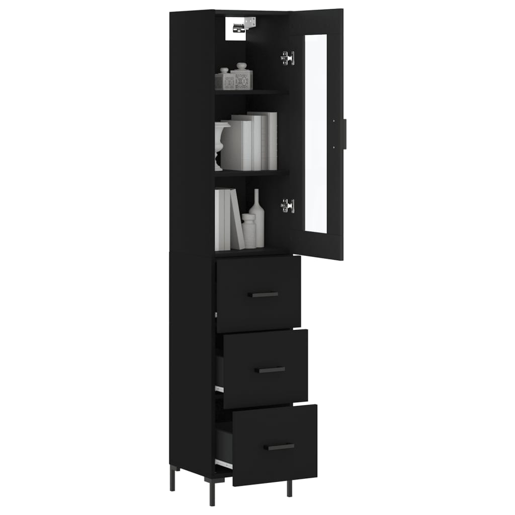 Armário Alto com 3 Gavetas e Vitrine Brenna de 180 cm - Preto - Design Moderno