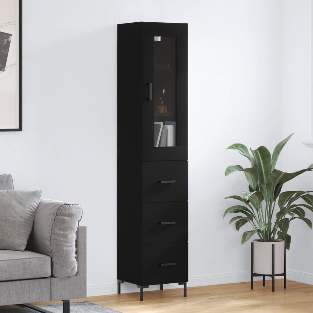 Armário Alto com 3 Gavetas e Vitrine Brenna de 180 cm - Preto - Design Moderno