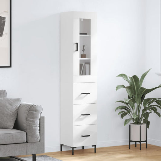 Armário Alto com 3 Gavetas e Vitrine Brenna de 180 cm - Branco Brilhante - Design Moderno