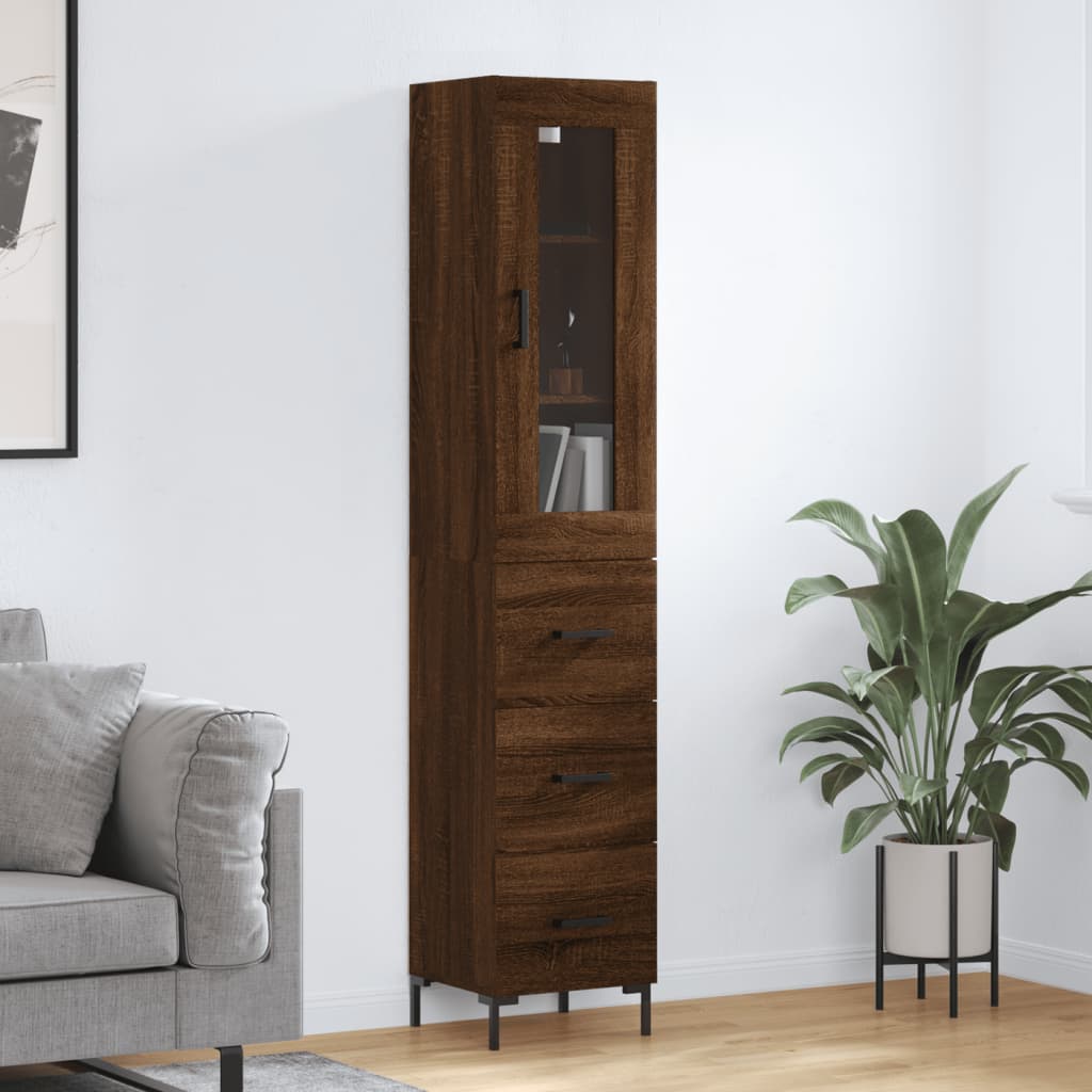 Armário Alto com 3 Gavetas e Vitrine Brenna de 180 cm - Castanho - Design Moderno