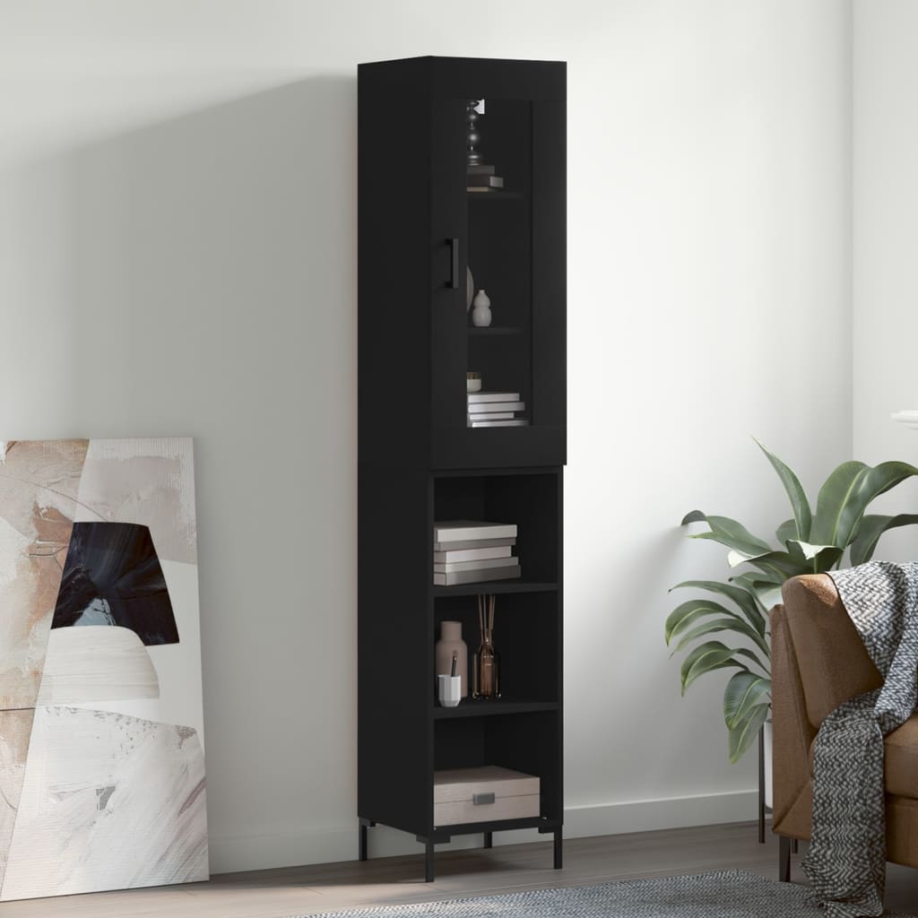 Armário Alto com 3 Prateleiras e Vitrine Brenna de 180 cm - Preto - Design Moderno