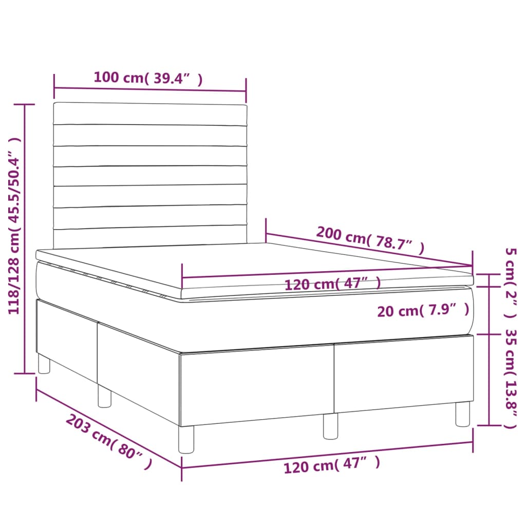 Cama boxspring c/ colchão 120x200 cm veludo cinzento-claro