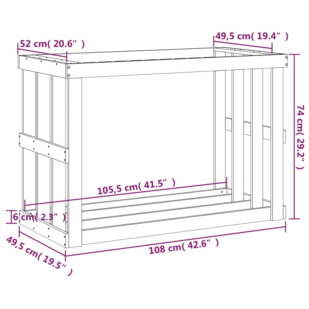 Suporte lenha p/ exterior 108x52x74cm pinho maciço castanho mel