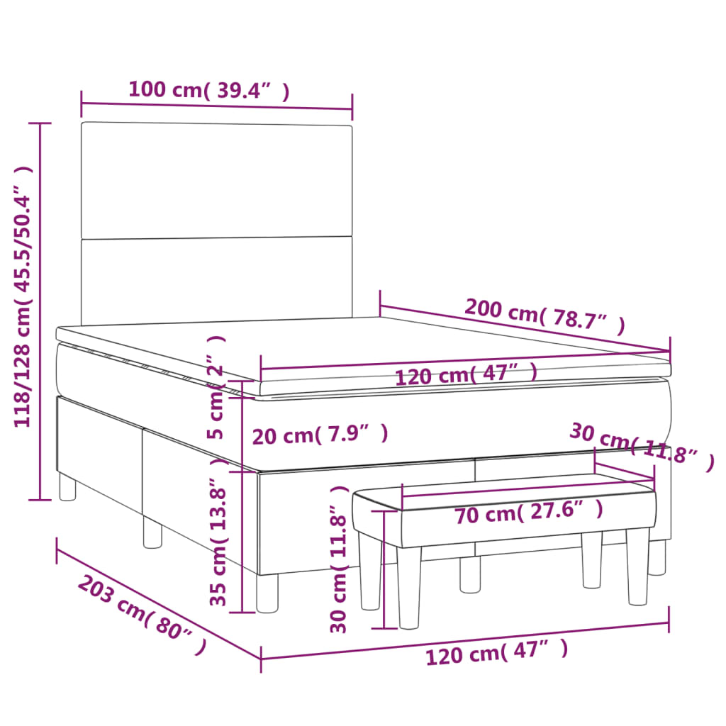 Cama boxspring c/ colchão 120x200 cm veludo cinzento-claro