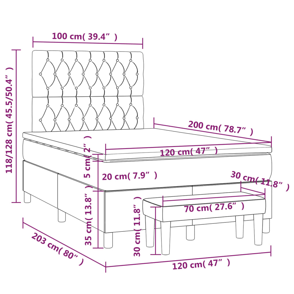 Cama boxspring com colchão 120x200 cm veludo cinzento-escuro