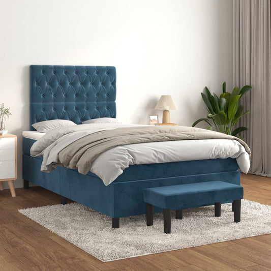 Cama boxspring com colchão 120x200 cm veludo azul-escuro