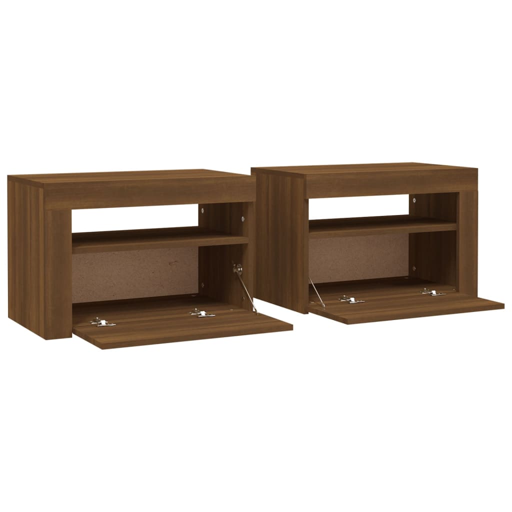 Mesas cabeceira c/ LEDs 2 pcs 60x35x40 cm carvalho castanho