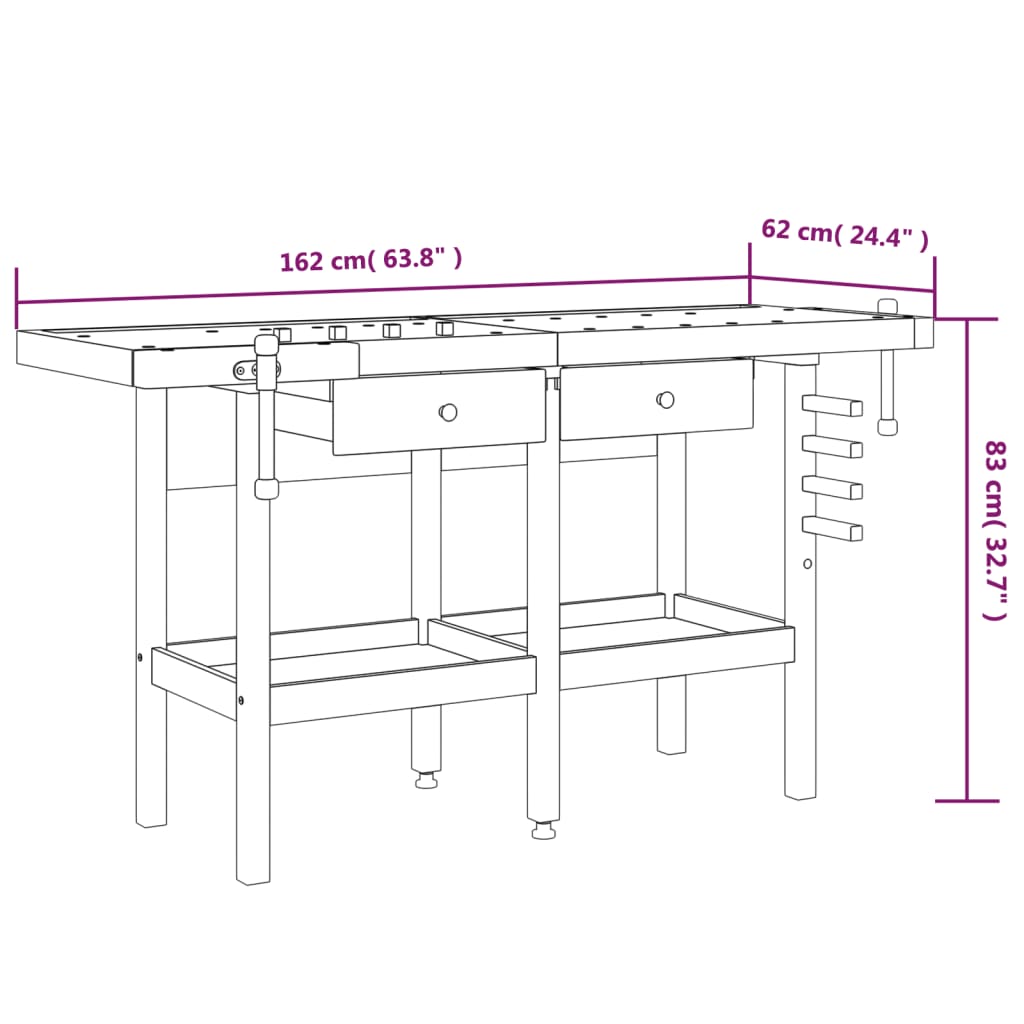 Bancada de trabalho + gavetas/tornos 162x62x83 cm acácia maciça